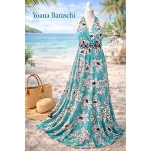 Yoana Baraschi Tropical Maxi Dress Size 6 Sleeveless Floral Teal Resort Summer